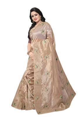 Beige embroidered silk saree with blouse 2
