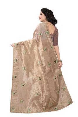 Beige embroidered silk saree with blouse 3