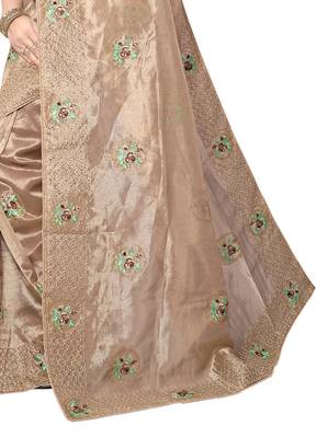 Beige embroidered silk saree with blouse 4