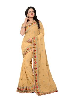 Beige embroidered georgette saree with blouse 1
