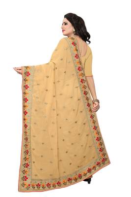 Beige embroidered georgette saree with blouse 3
