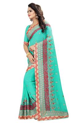 Green embroidered georgette saree with blouse 2