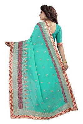 Green embroidered georgette saree with blouse 3