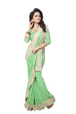 Green embroidered georgette saree with blouse 1