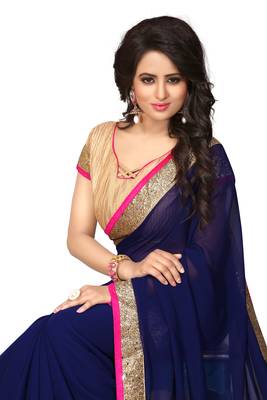 Navy Blue Embroidered Georgette Saree With Blouse 2