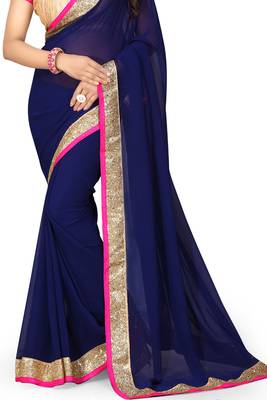 Navy Blue Embroidered Georgette Saree With Blouse 3