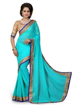 Sky Blue Embroidered Georgette Saree With Blouse 1