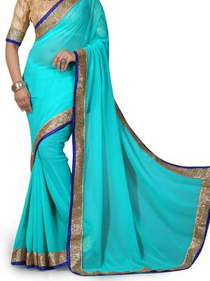 Sky Blue Embroidered Georgette Saree With Blouse 3