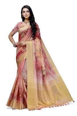 Pink printed cotton saree with blouse 1