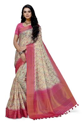 Pink printed cotton saree with blouse 1