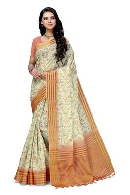 Cream printed cotton saree with blouse 1