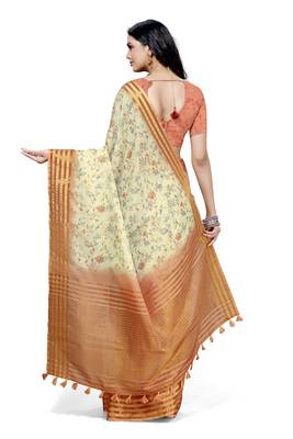 Cream printed cotton saree with blouse 2