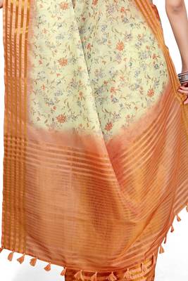 Cream printed cotton saree with blouse 3