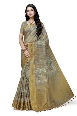 Grey printed cotton saree with blouse 1
