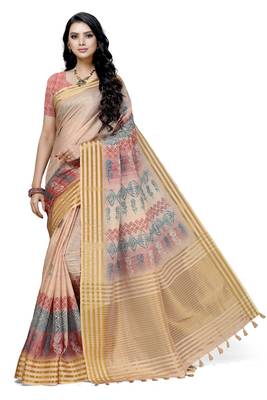 Peach printed cotton saree with blouse 1