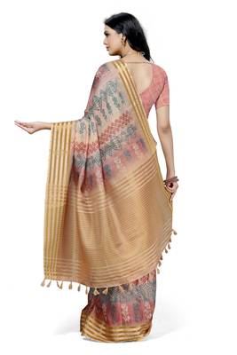 Peach printed cotton saree with blouse 2