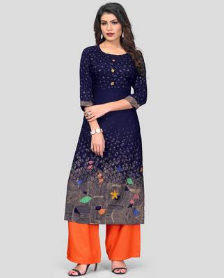 Navy Blue & Orange Printed Rayon Stitched Straight Women's Kurta With Palazzo Set 1