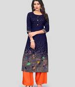 Navy Blue & Orange Printed Rayon Stitched Straight Women's Kurta With Palazzo Set
