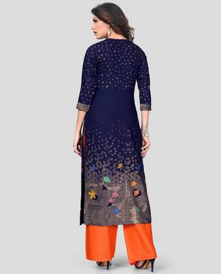 Navy Blue & Orange Printed Rayon Stitched Straight Women's Kurta With Palazzo Set 2