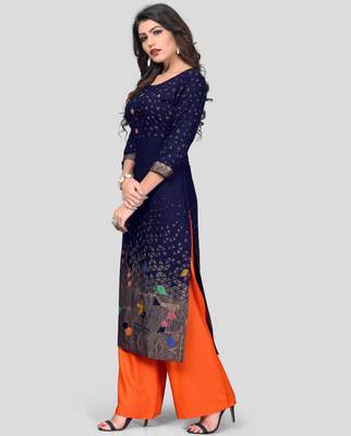 Navy Blue & Orange Printed Rayon Stitched Straight Women's Kurta With Palazzo Set 3