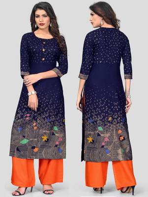 Navy Blue & Orange Printed Rayon Stitched Straight Women's Kurta With Palazzo Set 5