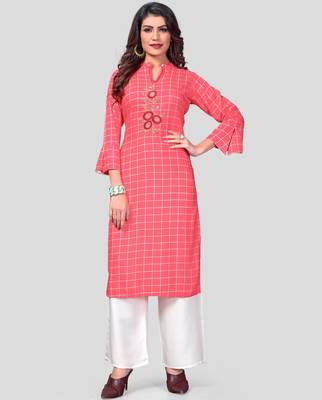 Pink & White Printed And Embroidered Rayon Stitched Straight Women's Kurta With Palazzo Set 1