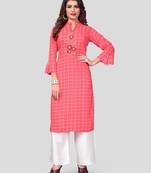 Pink & White Printed And Embroidered Rayon Stitched Straight Women's Kurta With Palazzo Set