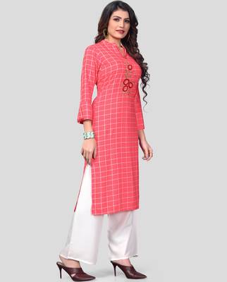 Pink & White Printed And Embroidered Rayon Stitched Straight Women's Kurta With Palazzo Set 3