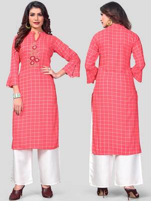 Pink & White Printed And Embroidered Rayon Stitched Straight Women's Kurta With Palazzo Set 4