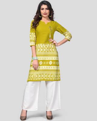 Mahendi Green & White Printed Rayon Stitched Straight Women's Kurta With Palazzo Set 1