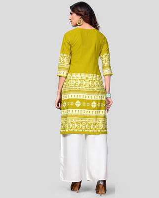 Mahendi Green & White Printed Rayon Stitched Straight Women's Kurta With Palazzo Set 2