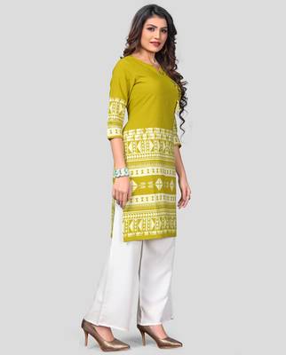 Mahendi Green & White Printed Rayon Stitched Straight Women's Kurta With Palazzo Set 3