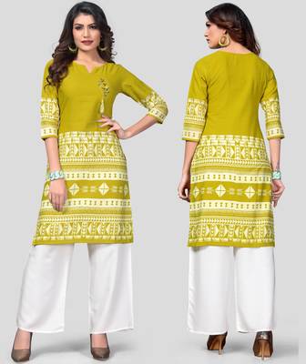 Mahendi Green & White Printed Rayon Stitched Straight Women's Kurta With Palazzo Set 5