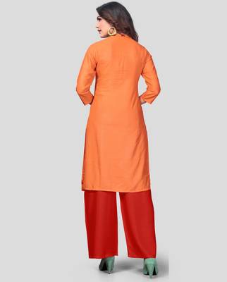 Orange & Red Embroidered Rayon Stitched Straight Women's Kurta With Palazzo Set 2