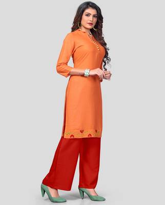 Orange & Red Embroidered Rayon Stitched Straight Women's Kurta With Palazzo Set 3