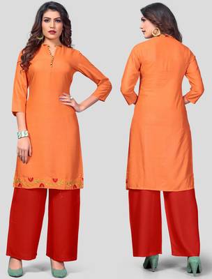 Orange & Red Embroidered Rayon Stitched Straight Women's Kurta With Palazzo Set 5