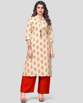 White & Red Printed Cotton Stitched Straight Women's Kurta With Palazzo Set 1
