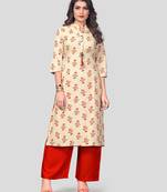 White & Red Printed Cotton Stitched Straight Women's Kurta With Palazzo Set