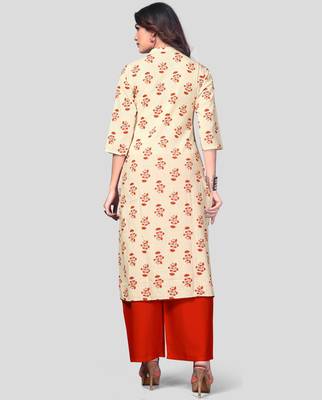 White & Red Printed Cotton Stitched Straight Women's Kurta With Palazzo Set 2
