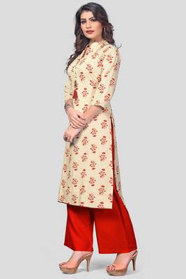 White & Red Printed Cotton Stitched Straight Women's Kurta With Palazzo Set 3