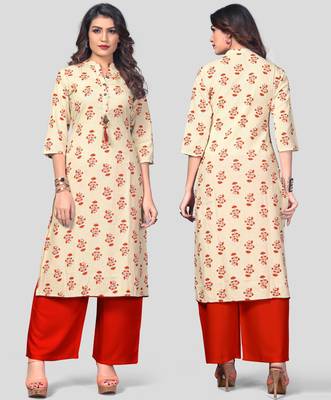 White & Red Printed Cotton Stitched Straight Women's Kurta With Palazzo Set 5