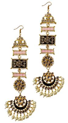 Designer Ethnic Indian Bollywood Kundan Black Pink Meenakari Earrings Set 1