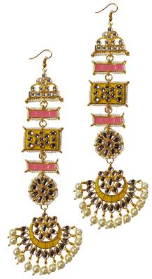 Designer Ethnic Indian Bollywood Kundan Yellow Pink Meenakari Earrings Set 1