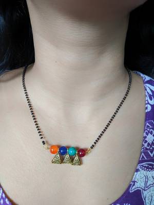 Golden Antique Design Pendant Black Beads Single Line Layer Mangalsutra Western Stylish Jewellery 1