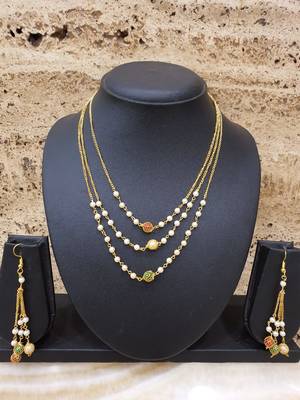 Pride Necklace Set Gold 3 Layer White Pearls Mala Big Multicolor Mani Chain Necklace With Earrings Mangalsutra 3