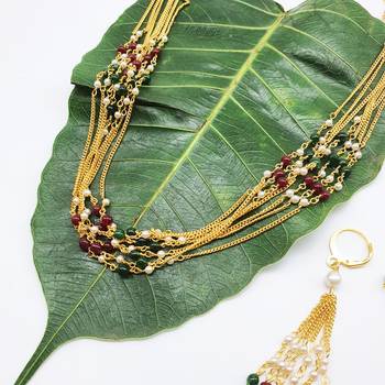 Pride Necklace Set Multicolor White Pearl Beads Multi Layer Mala Necklace With Earrings Gold Chain Mangalsutra 2
