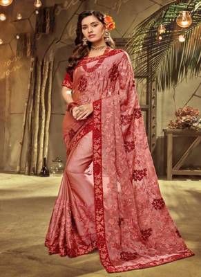 Mauve embroidered fancy fabric saree with blouse 1