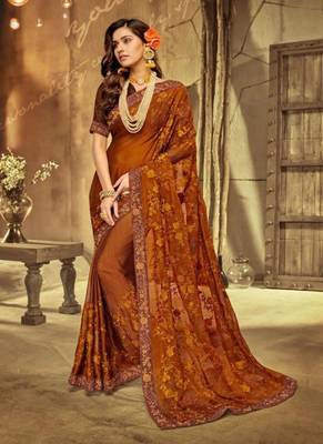   rust embroidered fancy fabric saree with blouse 1