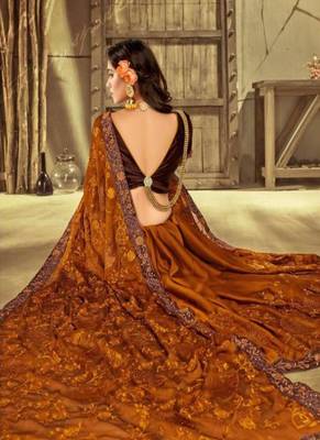   rust embroidered fancy fabric saree with blouse 2