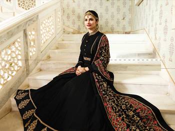 Black Embroidered Faux Georgette Salwar With Dupatta 2